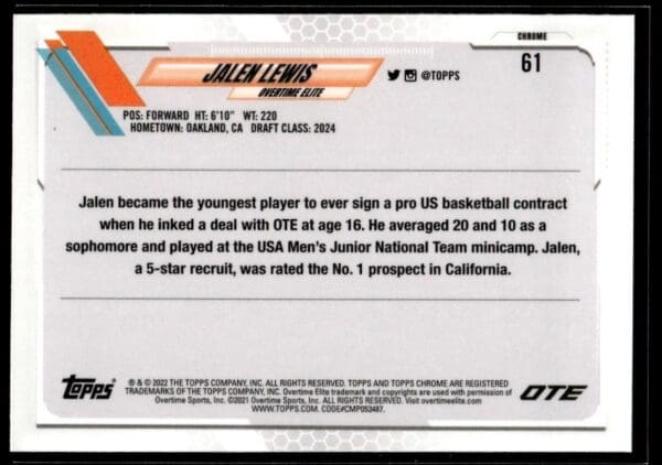 2021 Topps Overtime Elite Chrome  #61 Jalen Lewis