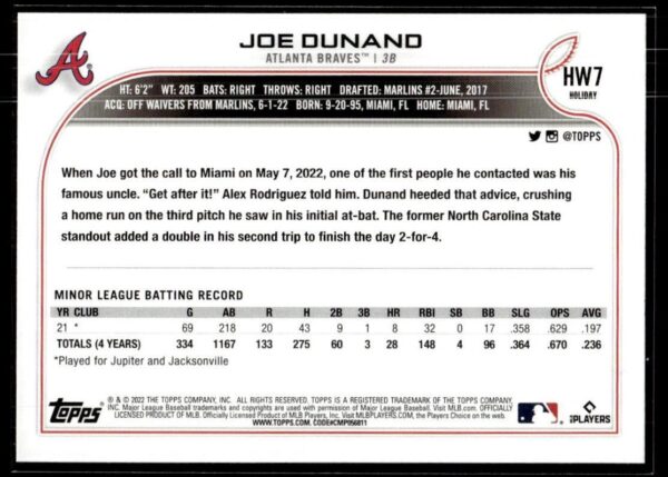 2022 Topps Holiday Miami Marlins #7 Joe Dunand RC Rookie