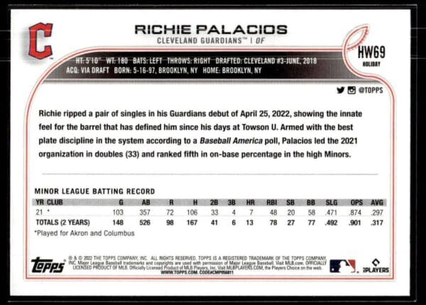 2022 Topps Holiday Cleveland Guardians #69 Richie Palacios RC Rookie