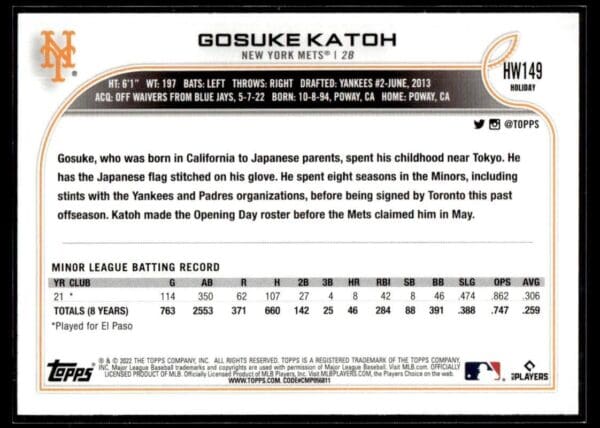 2022 Topps Holiday New York Mets #HW149 Gosuke Katoh RC Rookie