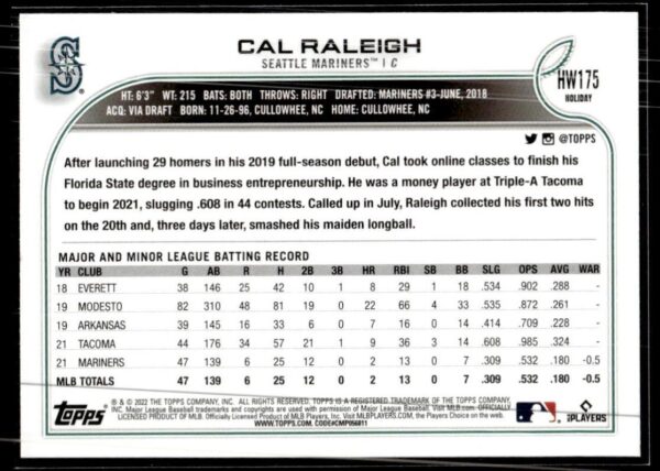 2022 Topps Holiday Seattle Mariners #HW175 Cal Raleigh RC Rookie