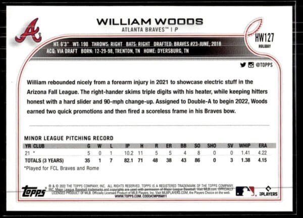 2022 Topps Holiday Atlanta Braves #HW127 William Woods RC Rookie