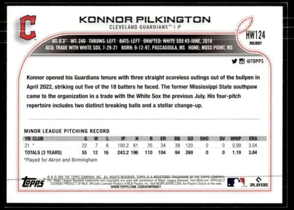 _10 2022 Topps Holiday Cleveland Guardians #HW124 Konnor Pilkington RC Rookie