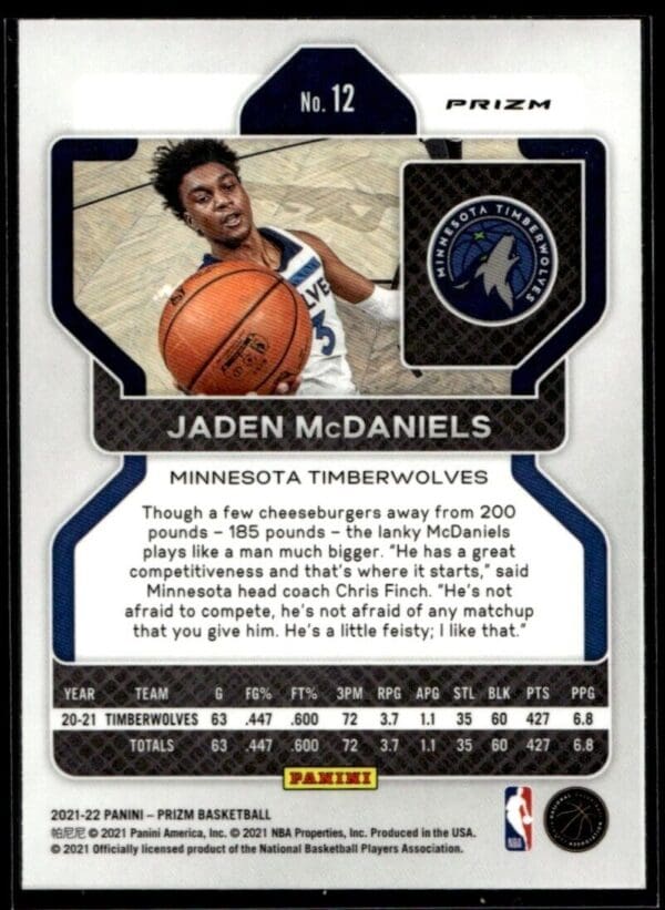 2021 Panini Prizm Minnesota Timberwolves #12 Jaden McDaniels Silver Wave