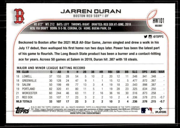 _10 2022 Topps Holiday Boston Red Sox #HW101 Jarren Duran RC Rookie