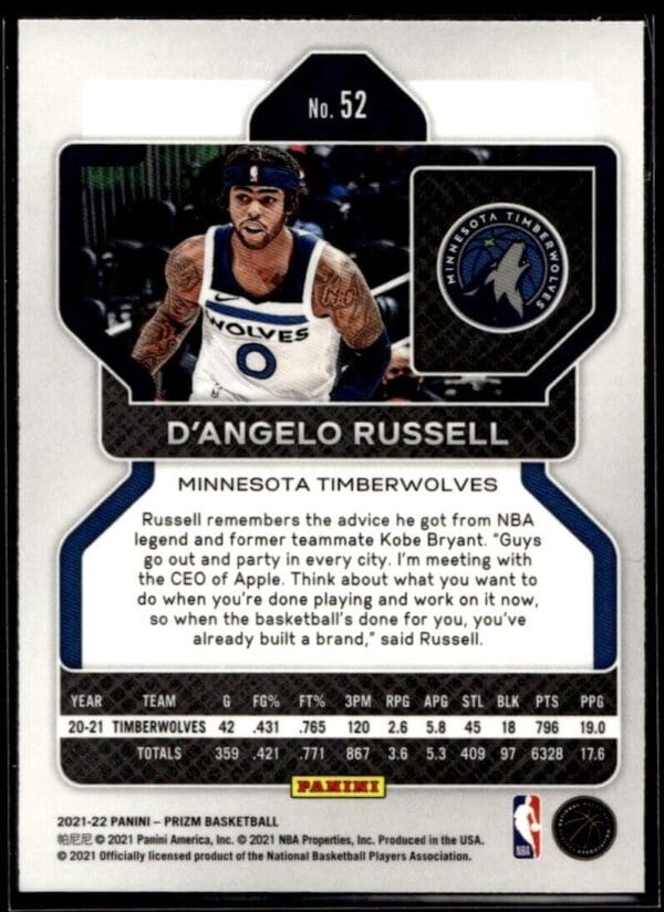 2021 Panini Prizm Minnesota Timberwolves #52 D'Angelo Russell