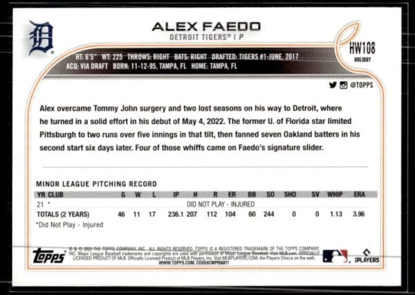 _10 2022 Topps Holiday Detroit Tigers #HW108 Alex Faedo RC Rookie