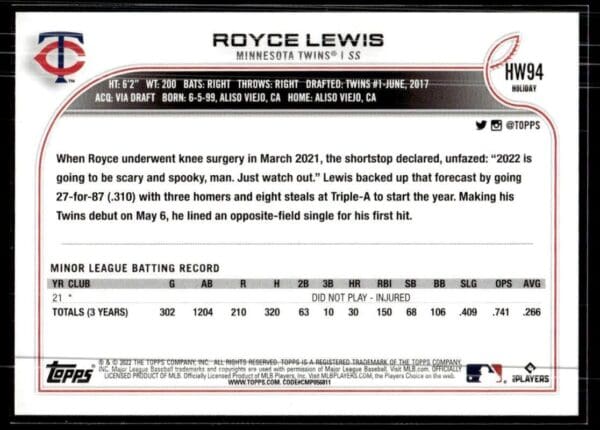 2022 Topps Holiday Minnesota Twins #HW94 Royce Lewis RC Rookie