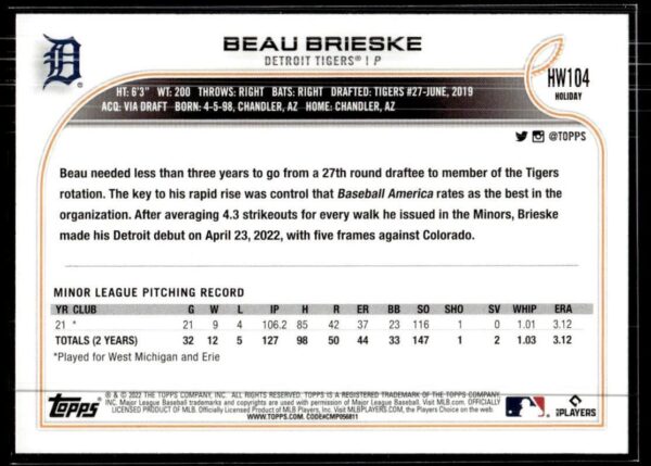 2022 Topps Holiday Detroit Tigers #HW104 Beau Brieske RC Rookie