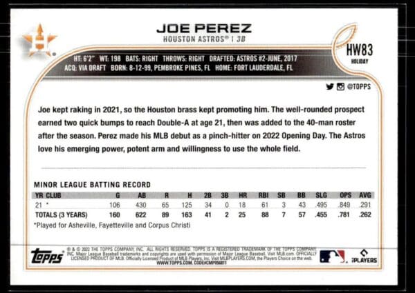 2022 Topps Holiday Houston Astros #HW83 Joe Perez RC Rookie