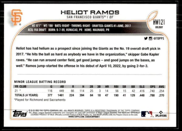 2022 Topps Holiday San Francisco Giants #HW121 Heliot Ramos RC Rookie