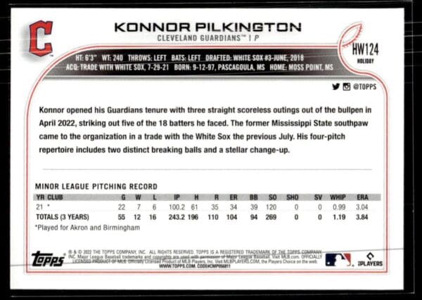 2022 Topps Holiday Cleveland Guardians #HW124 Konnor Pilkington RC Rookie