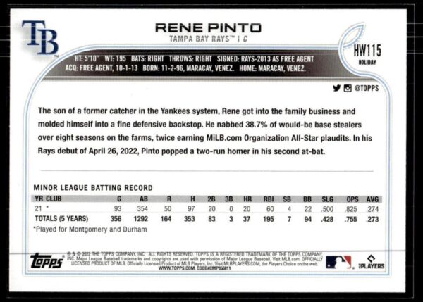 2022 Topps Holiday Tampa Bay Rays #HW115 Rene Pinto RC Rookie