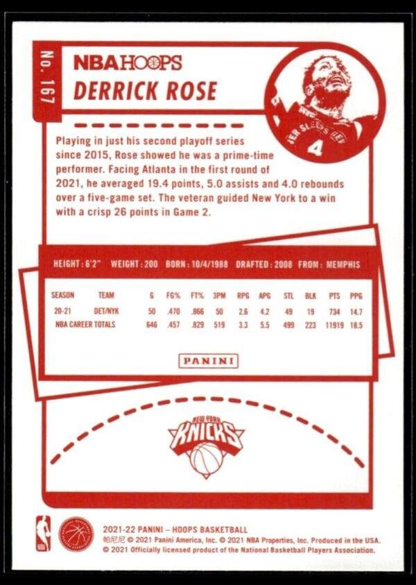 _10 2021 Hoops New York Knicks #167 Derrick Rose Red Back
