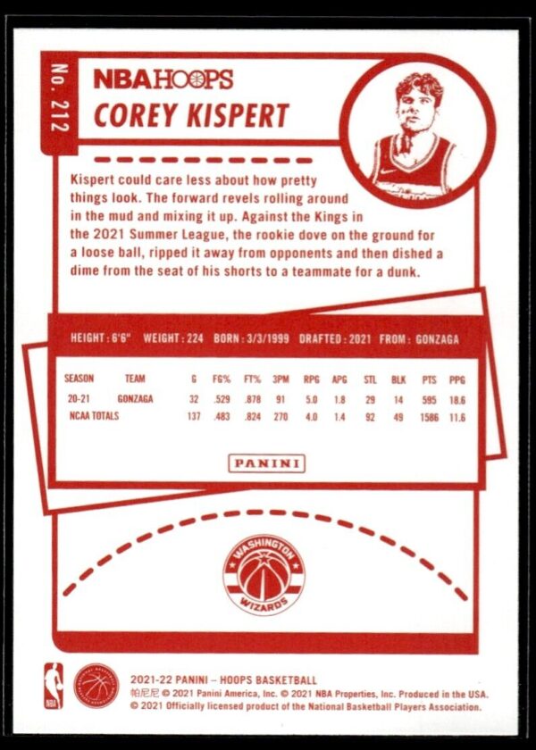 2021 Hoops Washington Wizards #212 Corey Kispert RC Rookie Red Back