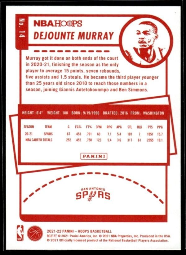 2021-22 Hoops Red Back Dejounte Murray San Antonio Spurs #14