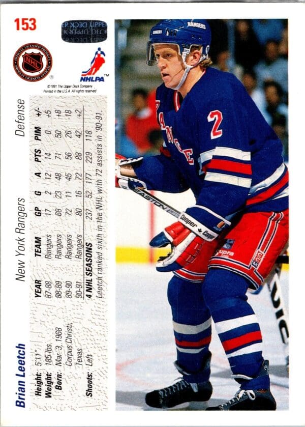 1991 Upper Deck New York Rangers #153 Brian Leetch