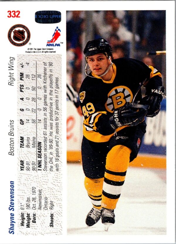 _10 1991 Upper Deck Boston Bruins #332 Shayne Stevenson