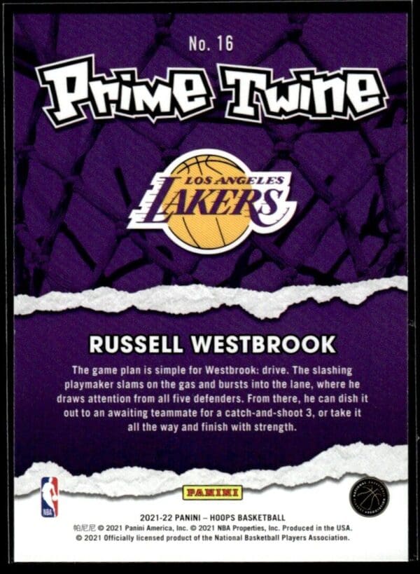 2021-22 Hoops Prime Twine Russell Westbrook Los Angeles Lakers #16