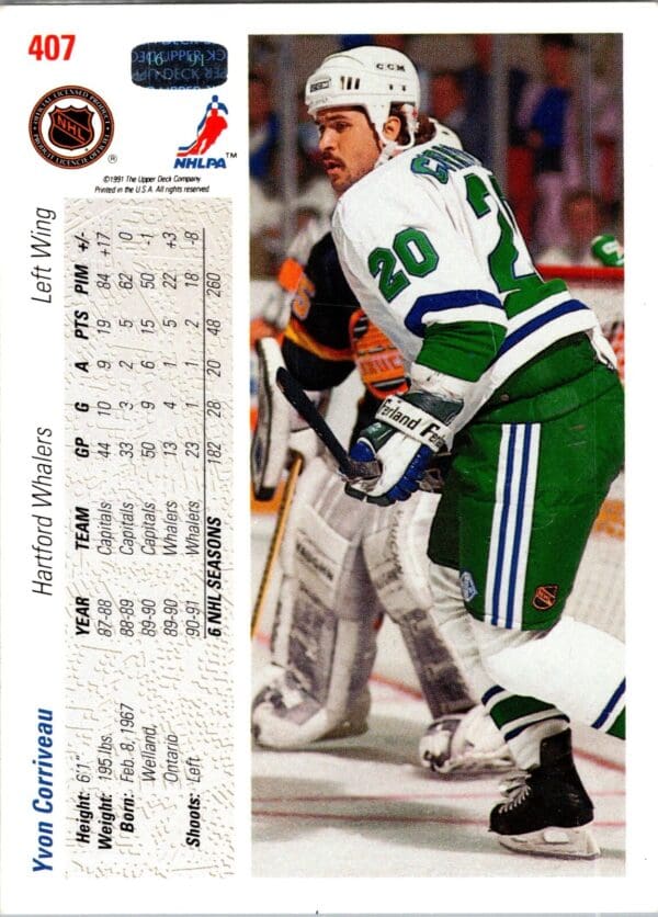 _10 1991 Upper Deck Hartford Whalers #407 Yvon Corriveau