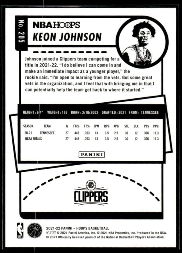 2021 NBA Hoops Los Angeles Clippers #205 Keon Johnson RC Rookie