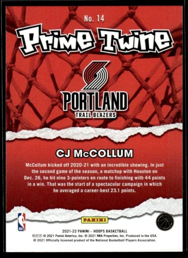 2021-22 Hoops Prime Twine CJ McCollum Portland Trail Blazers #14