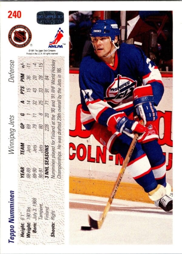 1991 Upper Deck Winnipeg Jets #240 Teppo Numminen