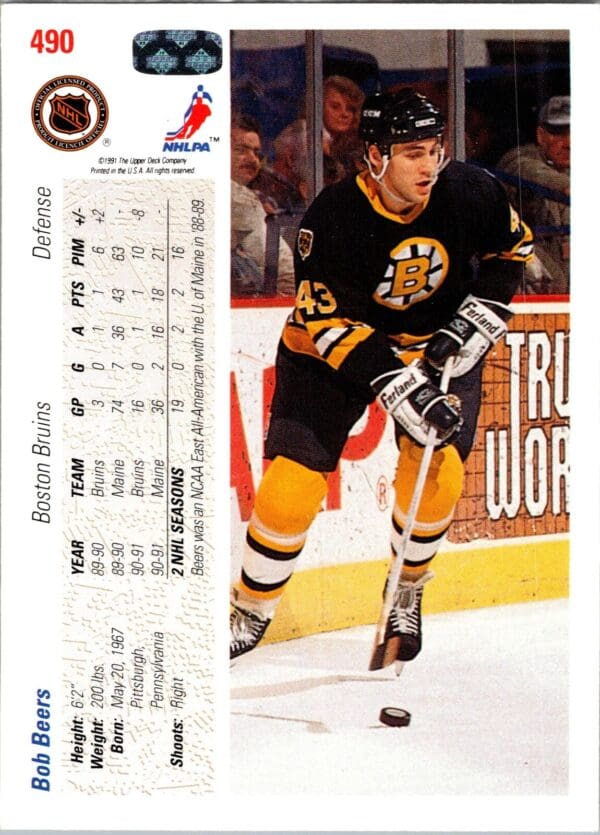 1991 Upper Deck Boston Bruins #490 Bob Beers