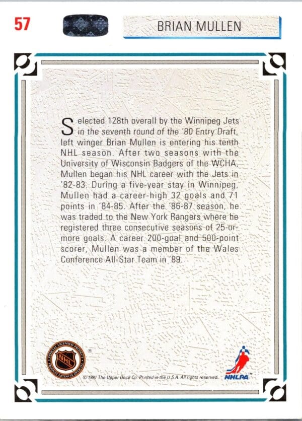 1991 Upper Deck San Jose Sharks #57 Brian Mullen