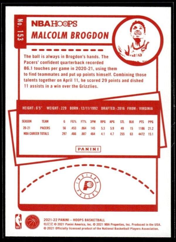 2021-22 Hoops Red Back Malcolm Brogdon Indiana Pacers #153