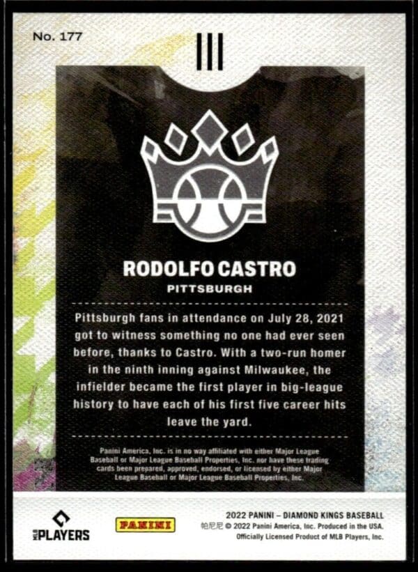 2022 Panini Diamond Kings MLBPA Pittsburgh Pirates #177 Rodolfo Castro RC Rookie