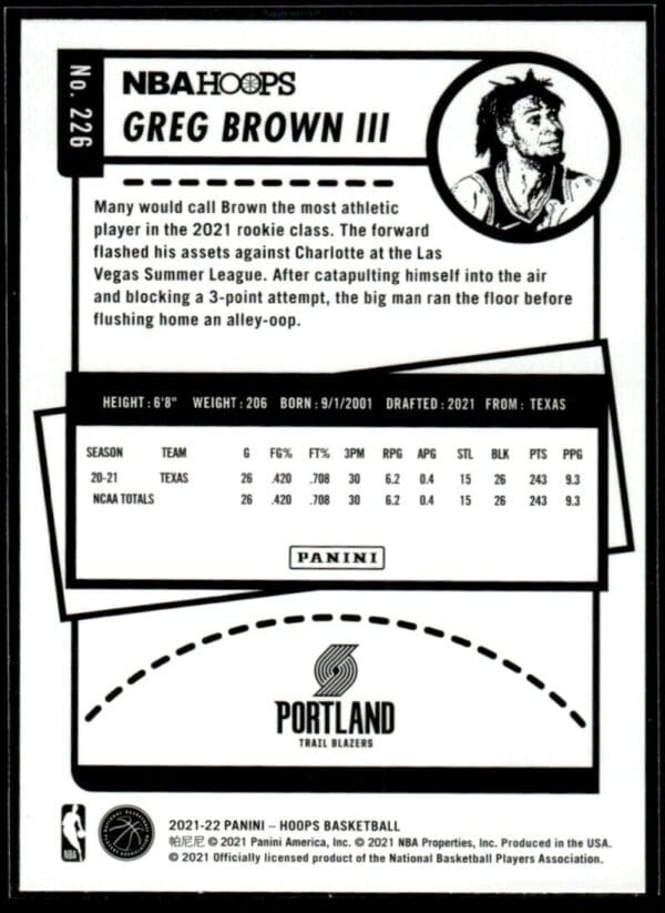 2021-22 Hoops Purple Greg Brown III Rookie Portland Trail Blazers #226