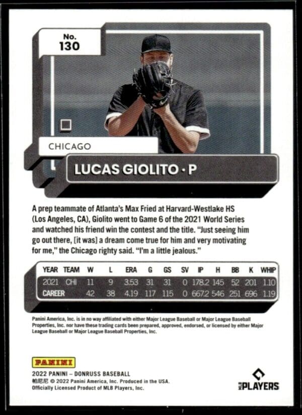 2022 Donruss Chicago White Sox #130 Lucas Giolito