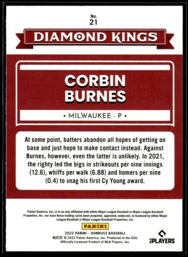 2022 Donruss Diamon Kings Milwaukee Brewers #21 Corbin Burnes