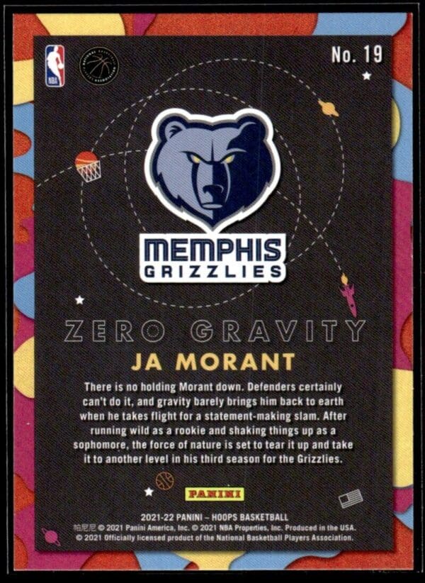 2021-22 Hoops Zero Gravity Ja Morant Memphis Grizzlies #19