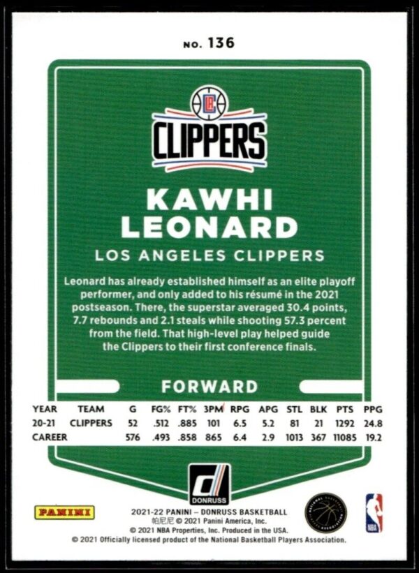 2021 Donruss Los Angeles Clippers #136 Kawhi Leonard Orange Laser