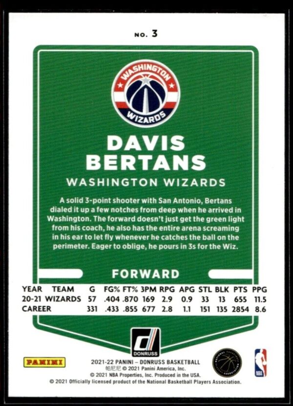 2021 Donruss Washington Wizards #3 Davis Bertans Orange Laser