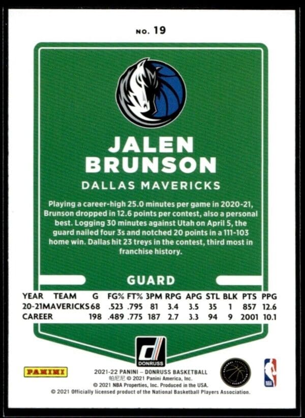 2021 Donruss Dallas Mavericks #19 Jalen Brunson Orange Laser