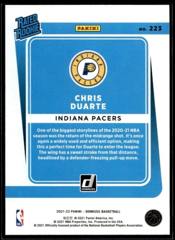 2021 Donruss Indiana Pacers #223 Chris Duarte RC Rookie