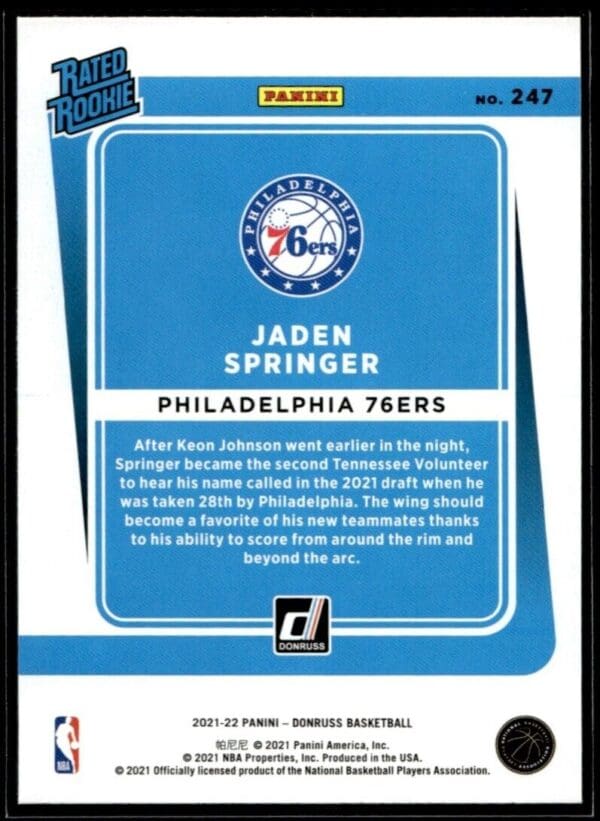 2021 Donruss Philadelphia 76ers #247 Jaden Springer RC Rookie