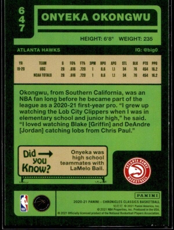 2020 Panini Chronicles Classics Atlanta Hawks #647 Onyeka Okongwu RC Rookie