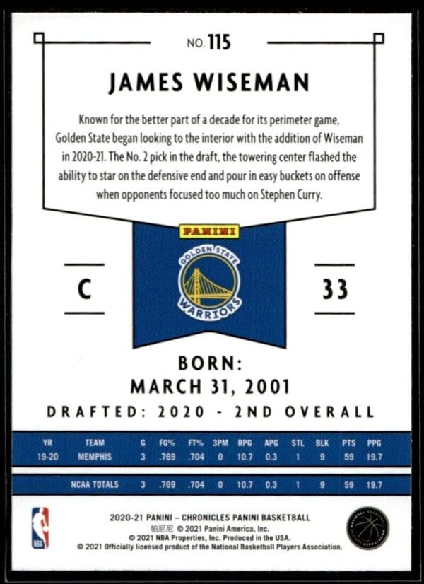 2020 Panini Chronicles Golden State Warriors #115 James Wiseman RC Rookie