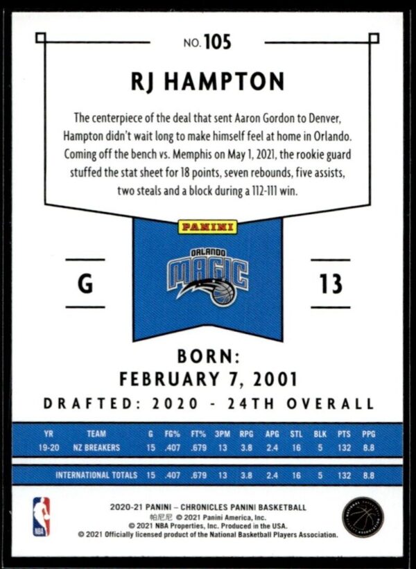 2020 Panini Chronicles Orlando Magic #105 RJ Hampton RC Rookie
