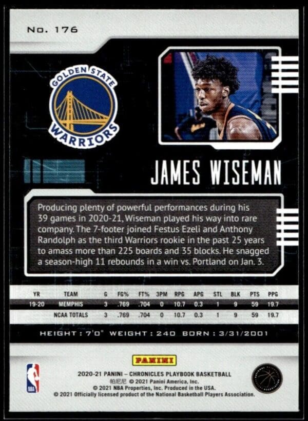 2020 Panini Playbook Golden State Warriors #176 James Wiseman RC Rookie