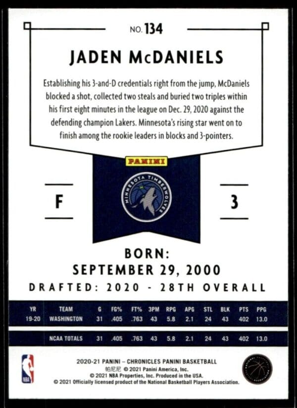 2020 Panini Chronicles Minnesota Timberwolves #134 Jaden McDaniels RC Rookie