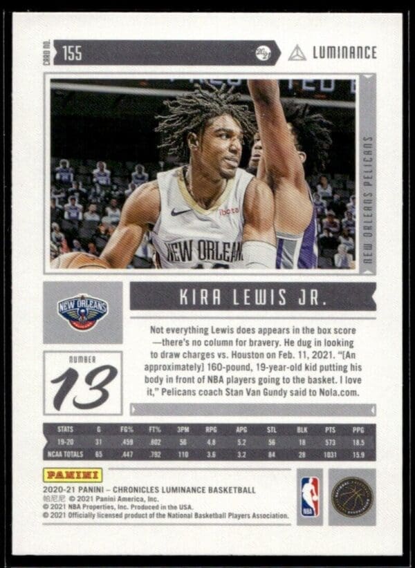 2020 Panini Luminance New Orleans Pelicans #155 Kira Lewis Jr. RC Rookie