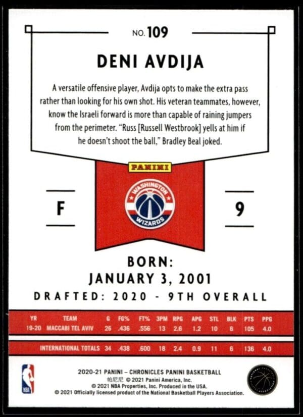 2020 Panini Chronicles Washington Wizards #109 Deni Avdija RC Rookie