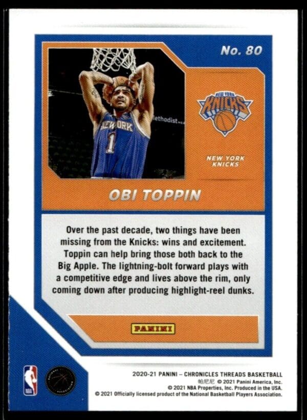 2020 Panini Chronicles Threads New York Knicks #80 Obi Toppin RC Rookie