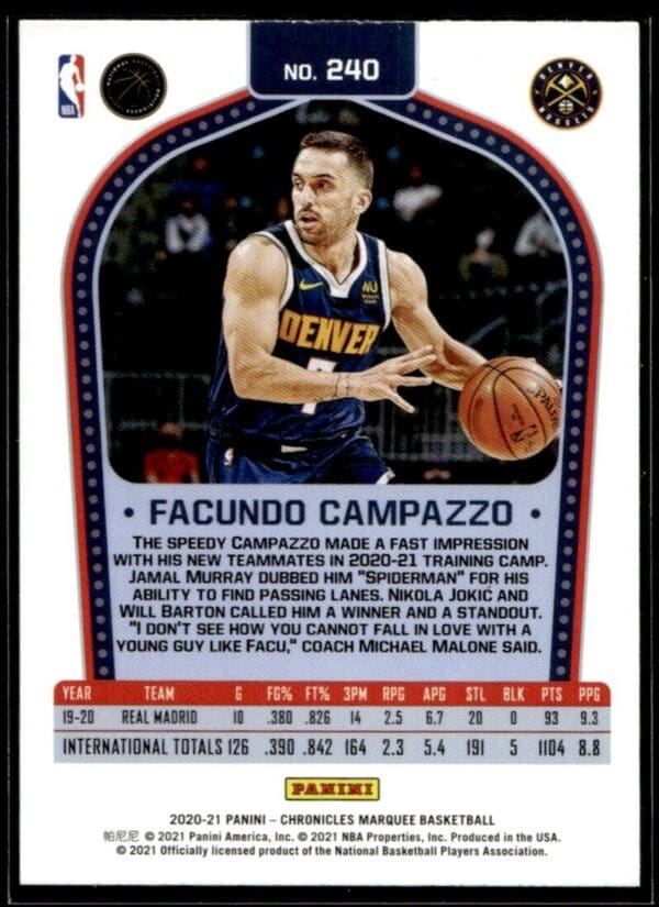 2020 Panini Chronicles Marquee Denver Nuggets #240 Facundo Campazzo RC Rookie