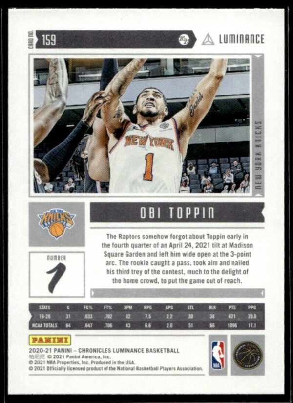 2020 Panini Chronicles Luminance New York Knicks #159 Obi Toppin RC Rookie